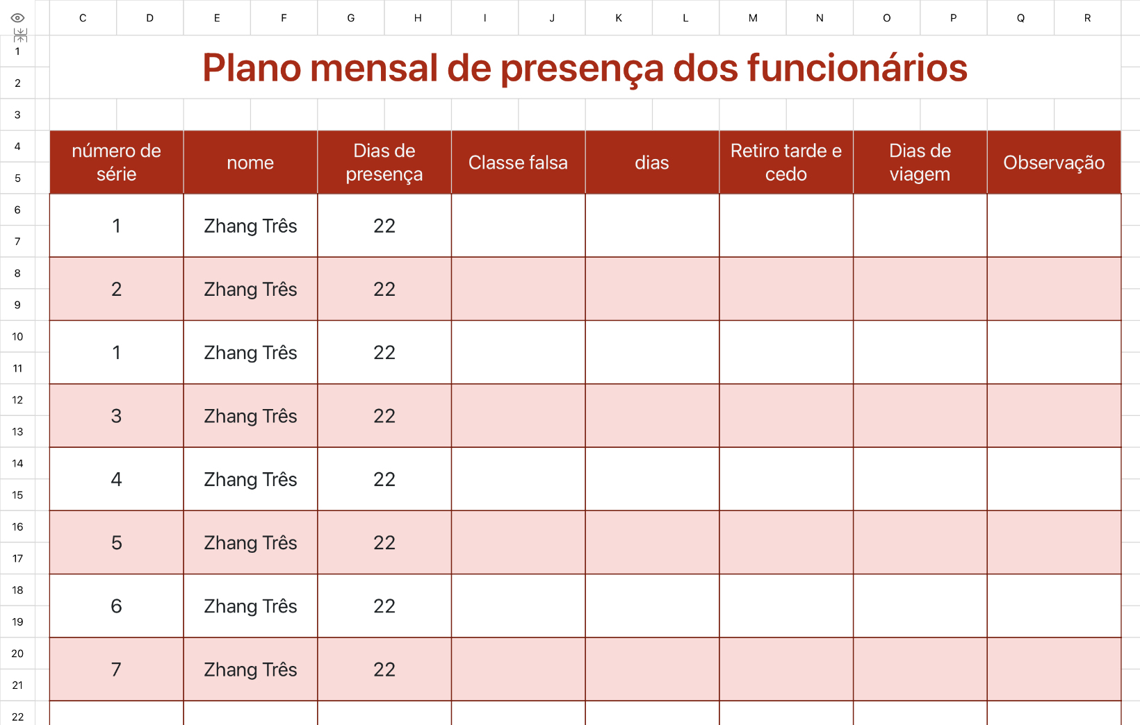 Plano mensal de presença dos funcionários
